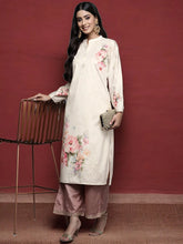 Cream & Pink Floral Printed Gotta Patti Floral Velvet Kurta-AHKUVLDP-1013